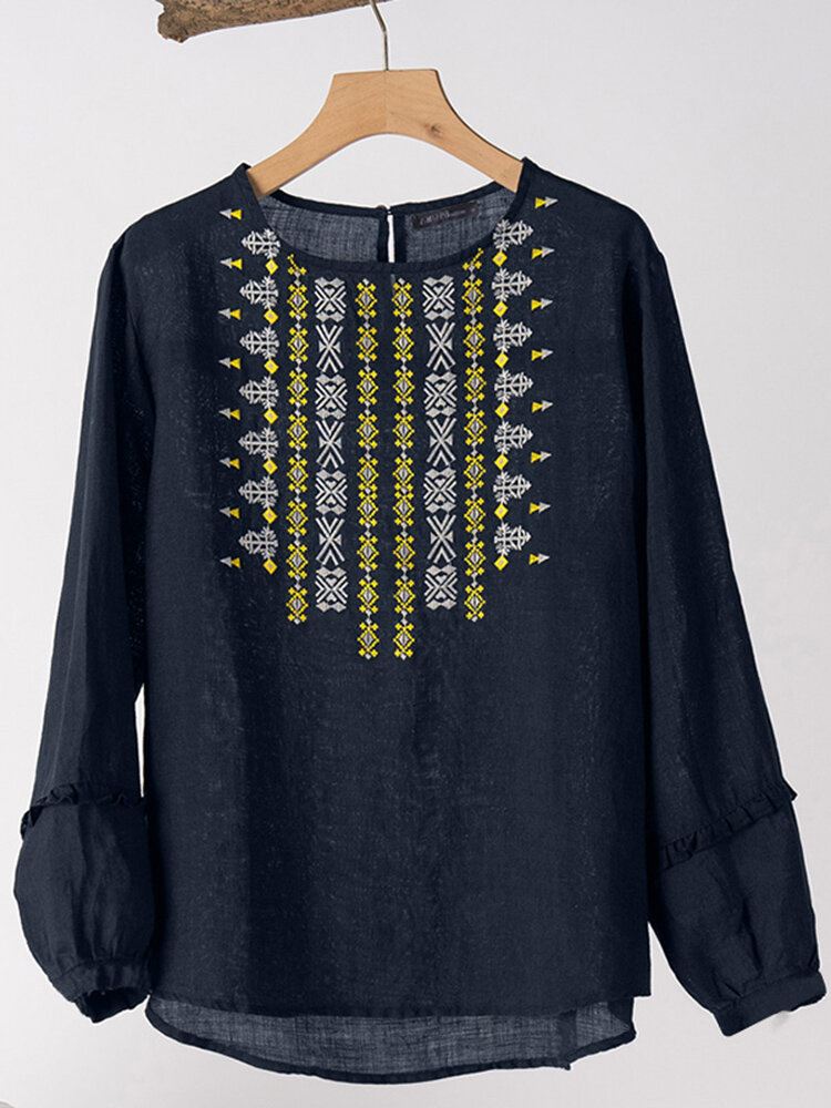 100 % Puuvillainen Puff Sleeve Löysä Istuvuus Nappi Kirjonta Geometrinen Naisten Pusero
