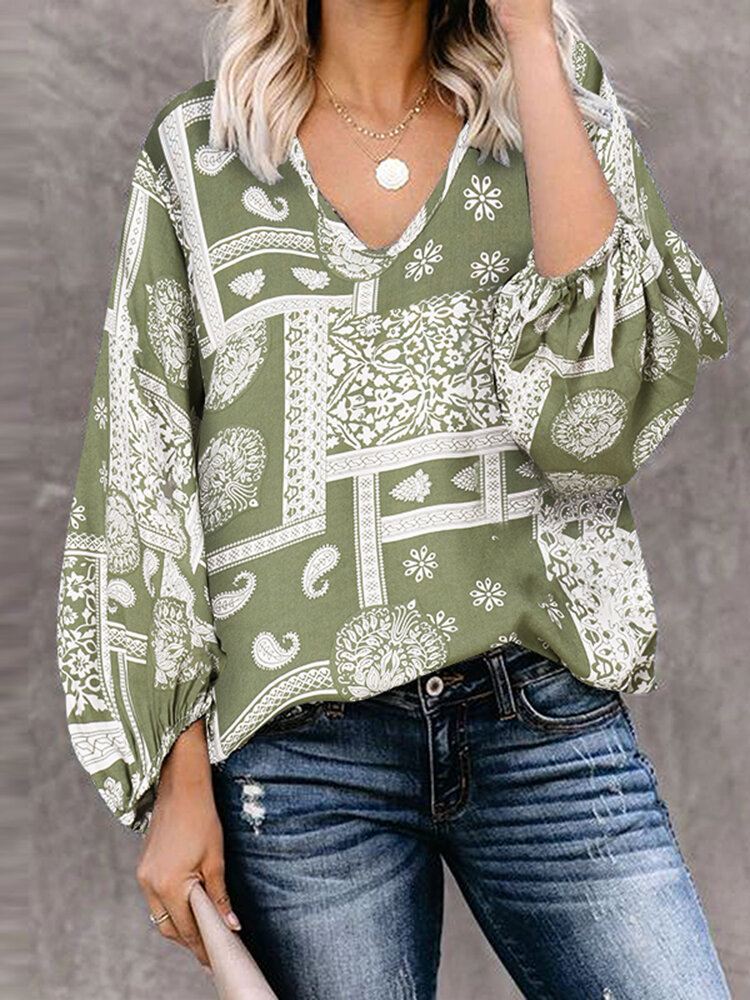 Naisten Boheemi Retro Puff Sleeve Printing Quarter Sleeve Casual Puserot
