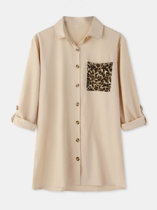 Naisten Leopard Patchwork Pocket Laprl Pitkähihainen Rento Paita