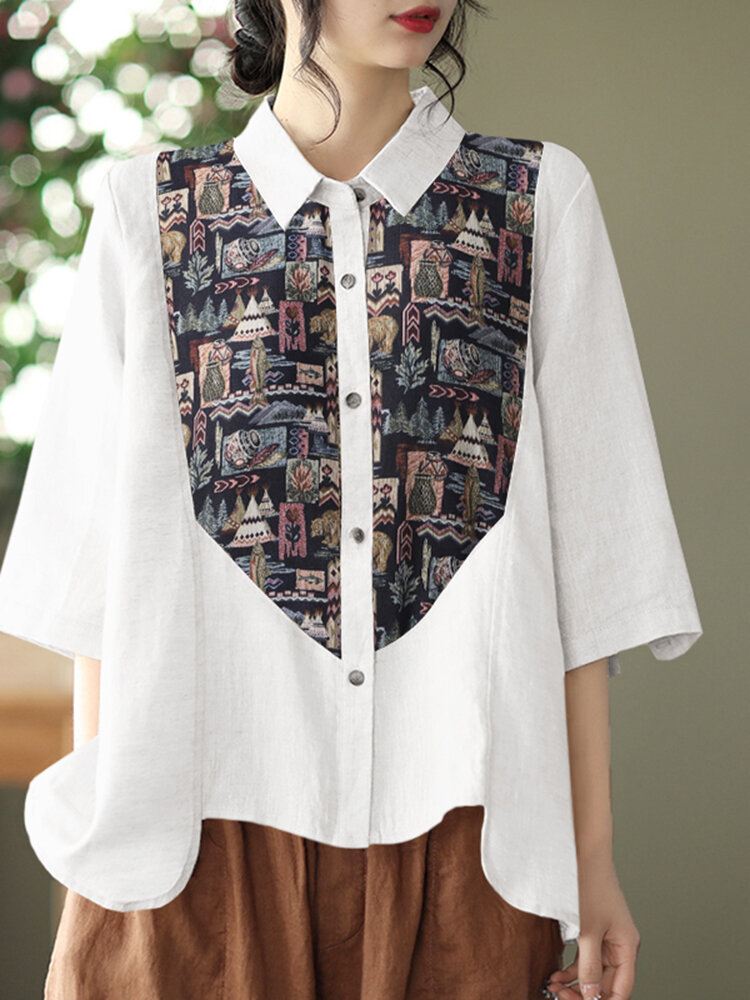 Print Patchwork Button Rypytetty Läppäinen Rento Paita