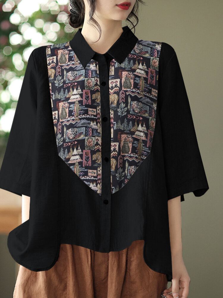 Print Patchwork Button Rypytetty Läppäinen Rento Paita