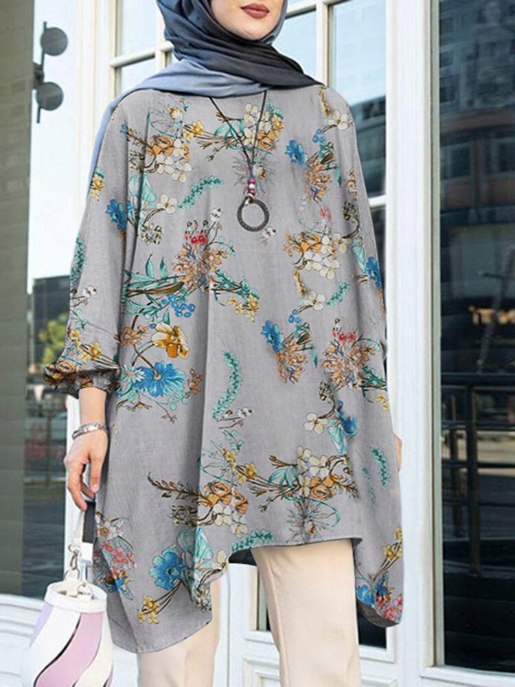 Puff Sleeve Kukkaprintti Epäsäännöllinen Helma O-kaula-aukkoinen Löysä Pusero