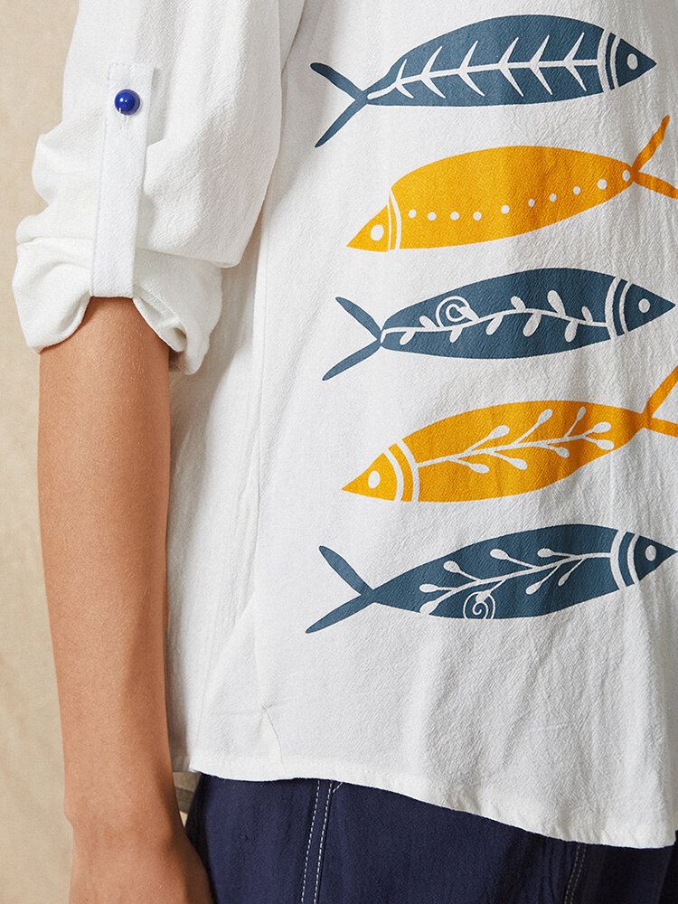 Sarjakuva Fish Print Button Jalusta Kaulus Pitkähihainen Rento Pusero Naisille