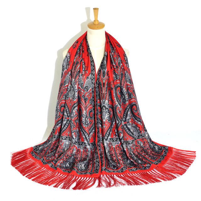 Retro Etninen Style Print Tupsu Pitkä Huivi Naisten Venäläinen Huivi