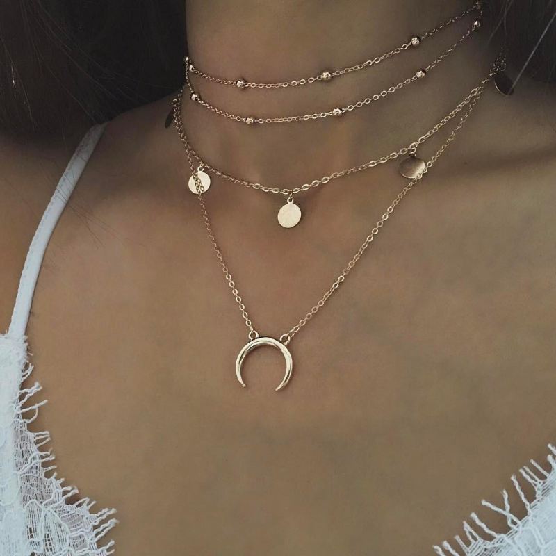 Bohemian Moon Monikerroksinen Kaulakoru Pyöreä Riipus Metalliseos Kaulakoru Naisille