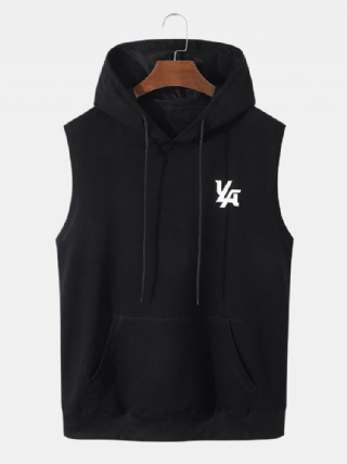 Miesten Graafinen Kirjain Hihaton Hupullinen Kiristysnyöri Kangaroo Pocket Tank Top