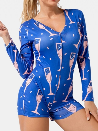 Abstract Print V-kaula-aukkoinen Pitkähihainen V-kaula-aukkoinen Sininen Pyjamashortsit Haalarit Naisille