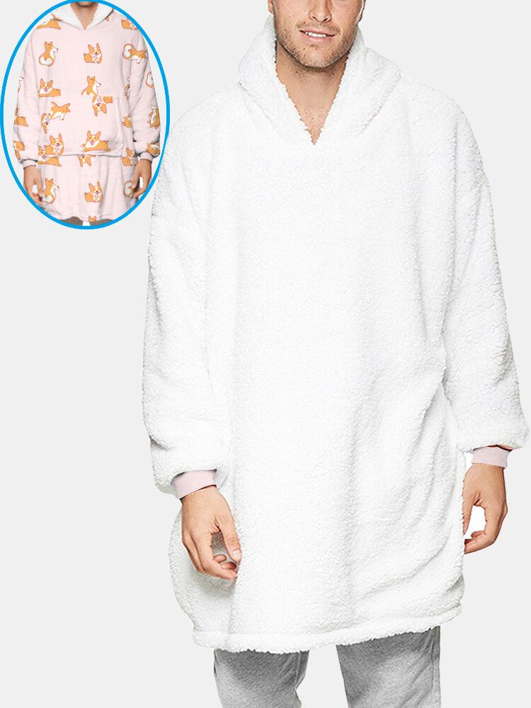 Miesten Koirankuvioinen Fleece Kaksipuolinen Puettava Peitto Huppari Oleskeluasut Kätevällä Taskulla