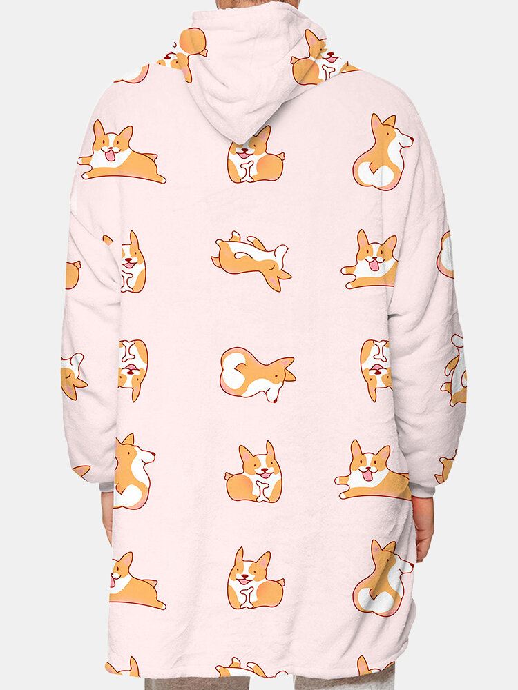 Miesten Koirankuvioinen Fleece Kaksipuolinen Puettava Peitto Huppari Oleskeluasut Kätevällä Taskulla