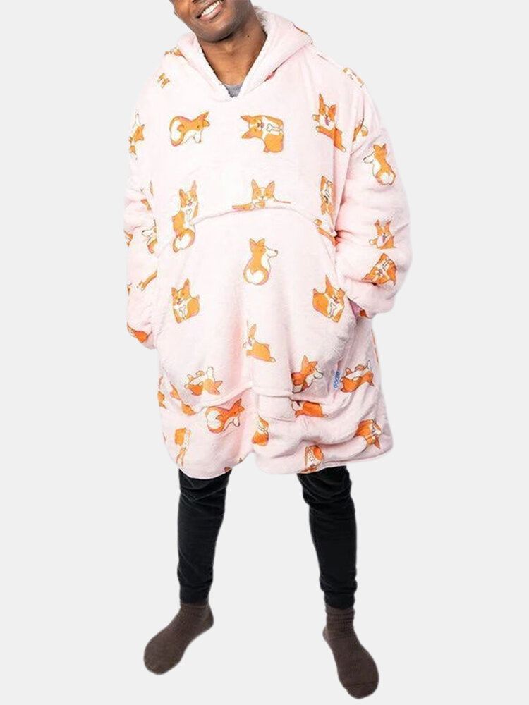 Miesten Koirankuvioinen Fleece Kaksipuolinen Puettava Peitto Huppari Oleskeluasut Kätevällä Taskulla