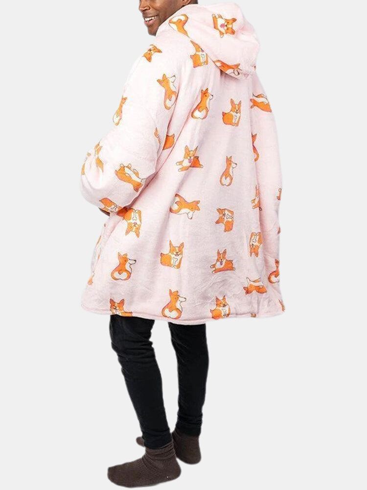 Miesten Koirankuvioinen Fleece Kaksipuolinen Puettava Peitto Huppari Oleskeluasut Kätevällä Taskulla