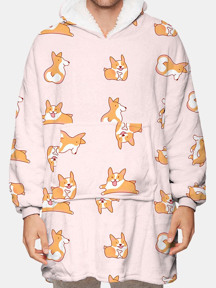 Miesten Koirankuvioinen Fleece Kaksipuolinen Puettava Peitto Huppari Oleskeluasut Kätevällä Taskulla