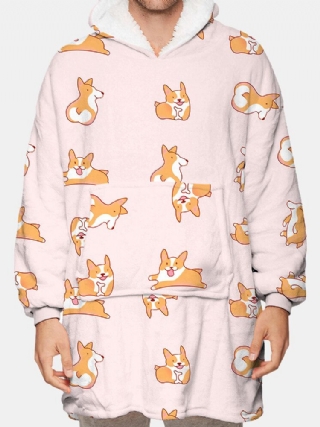 Miesten Koirankuvioinen Fleece Kaksipuolinen Puettava Peitto Huppari Oleskeluasut Kätevällä Taskulla