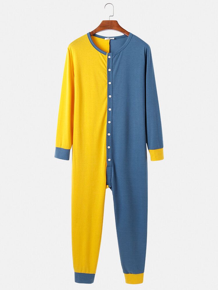 Miesten Kontrastivärinen Tilkkupuku Nappi Ylös Pyöreäkaula-aukkoinen Haalari Kotiin Mukava Oleskelutila Yksiosainen Pyjama