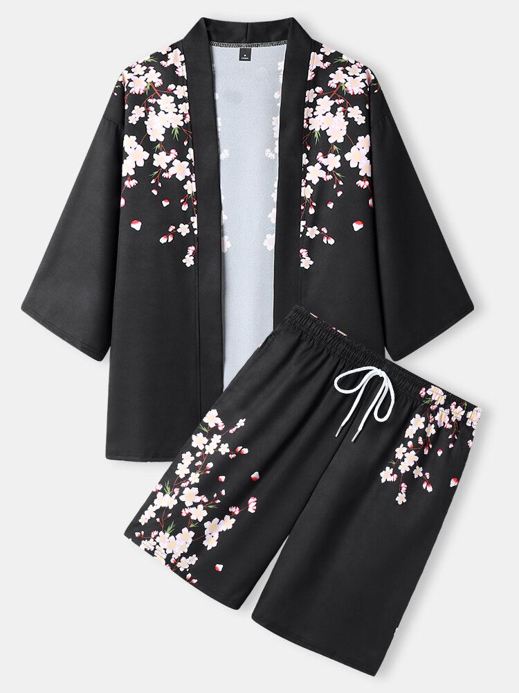 Miesten Kukkakuvioinen Avoin Kimono Kaksiosaiset Asut