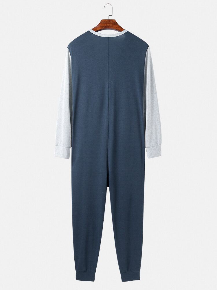 Miesten Patchwork Colorblock Pyöreä Pääntie Napit Pitkähihainen Mukava Kotihaalari Pyjama
