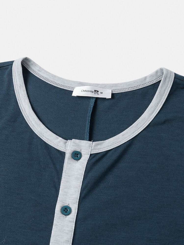 Miesten Patchwork Colorblock Pyöreä Pääntie Napit Pitkähihainen Mukava Kotihaalari Pyjama