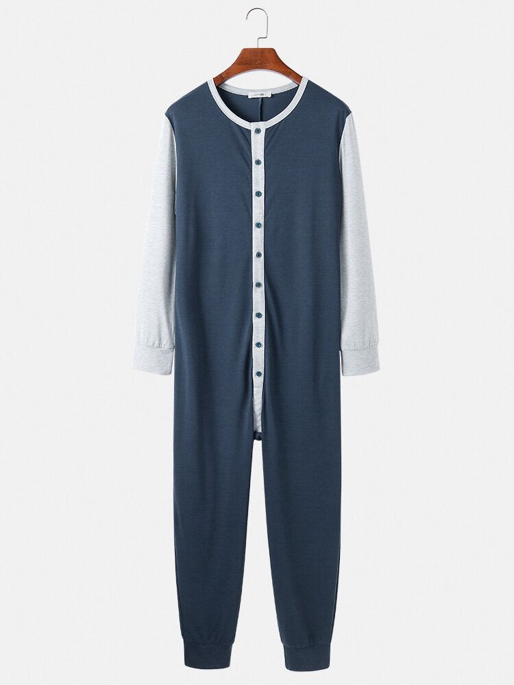 Miesten Patchwork Colorblock Pyöreä Pääntie Napit Pitkähihainen Mukava Kotihaalari Pyjama