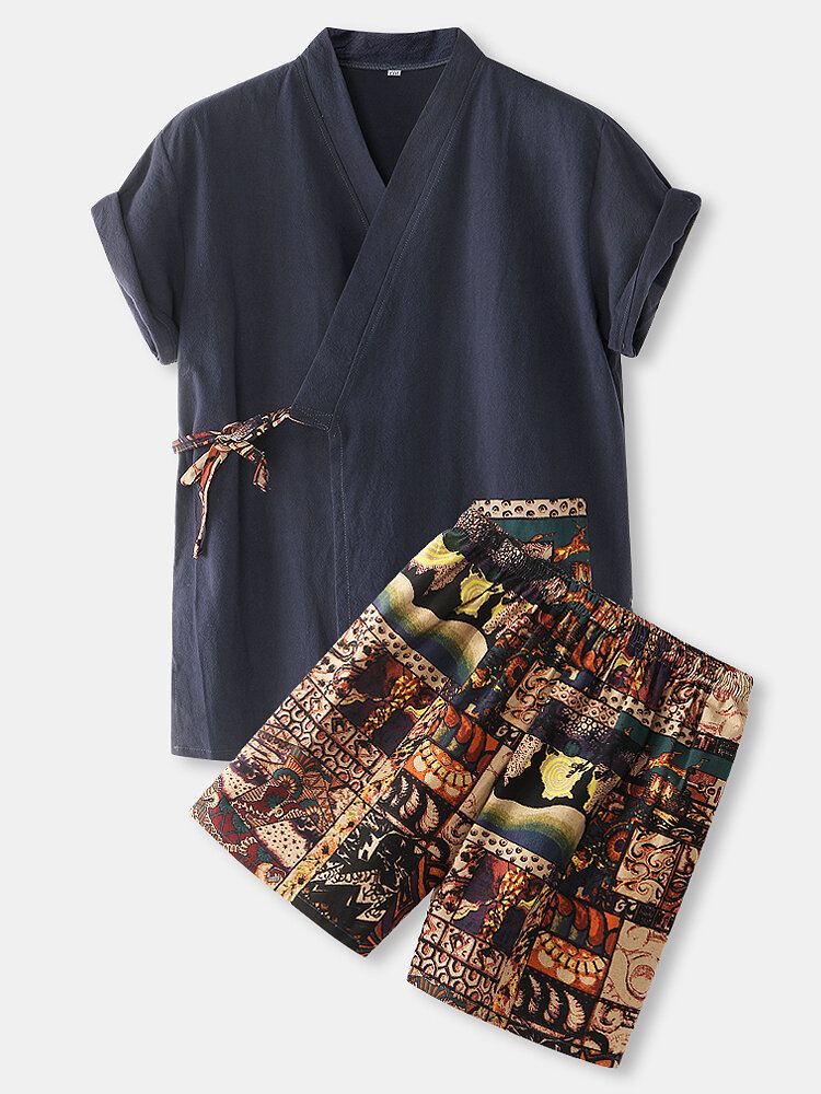 Miesten Puuvilla Vintage Print V-kaula Solmio Sivussa Kimono Rento Istuvuus Lyhyet Pyjamasetit