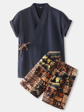 Miesten Puuvilla Vintage Print V-kaula Solmio Sivussa Kimono Rento Istuvuus Lyhyet Pyjamasetit