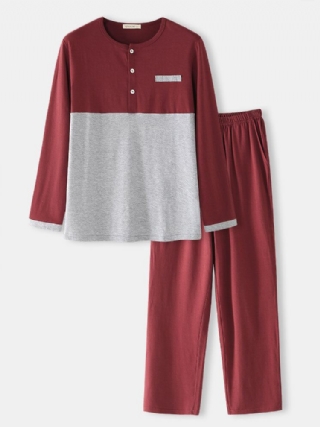 Miesten Puuvillainen Colorblock Puolinapillinen Löysä Koti Rento Lämmin Pitkähihainen Pyjamasetti