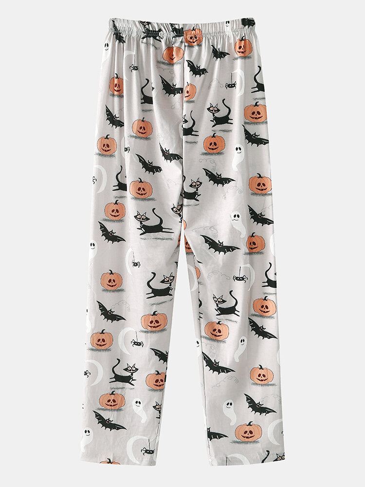 Miesten Sarjakuva Halloween Print Tilkkutäkki Pyöreäpääntie Löysä Pitkähihainen Rento Kotipyjamasetti