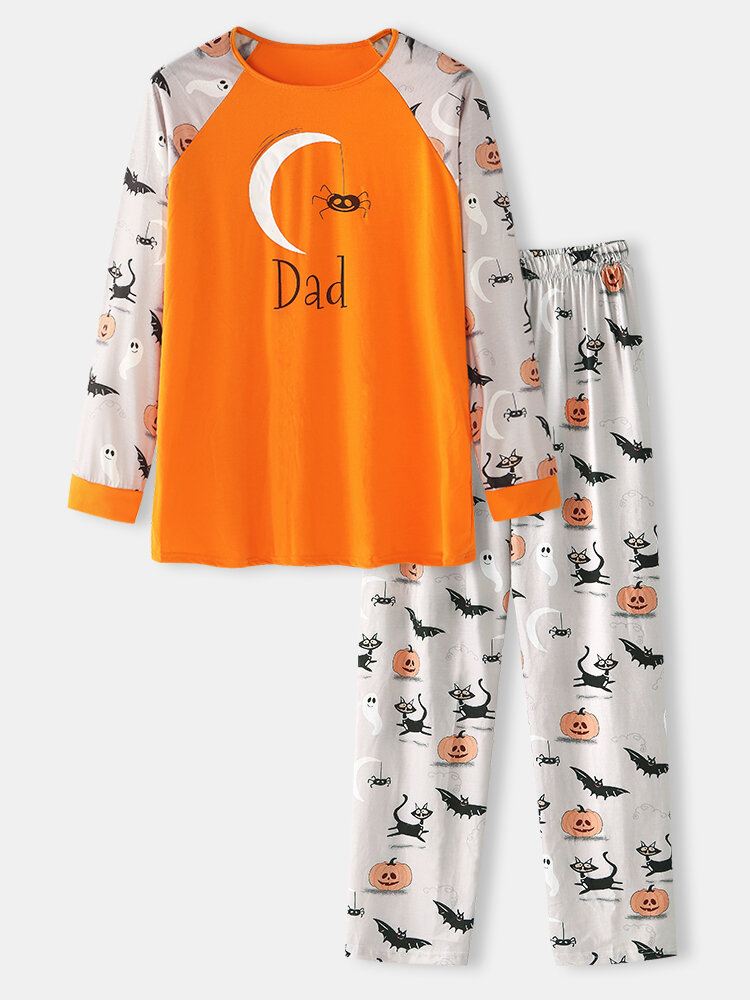 Miesten Sarjakuva Halloween Print Tilkkutäkki Pyöreäpääntie Löysä Pitkähihainen Rento Kotipyjamasetti