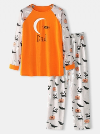 Miesten Sarjakuva Halloween Print Tilkkutäkki Pyöreäpääntie Löysä Pitkähihainen Rento Kotipyjamasetti
