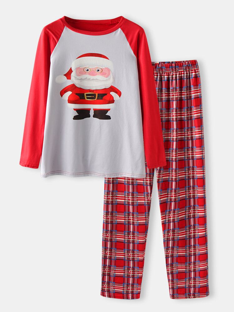 Miesten Sarjakuva Joulupukkiprintti Raglan Sleeve Löysät Ruudulliset Housut Home Lounge Pyjamasetti