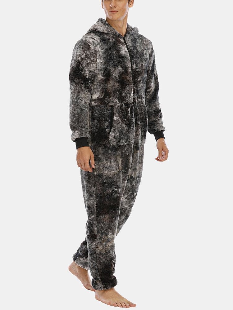 Miesten Solmio Lämmin Fleece Hupullinen Haalari Yksiosainen Kodin Yöpuku