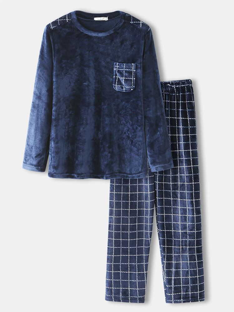 Miesten Talviflanelliset Pyöreäpääntiiset Topit Löysät Housut Paksut Home Lounge Pyjamasetti