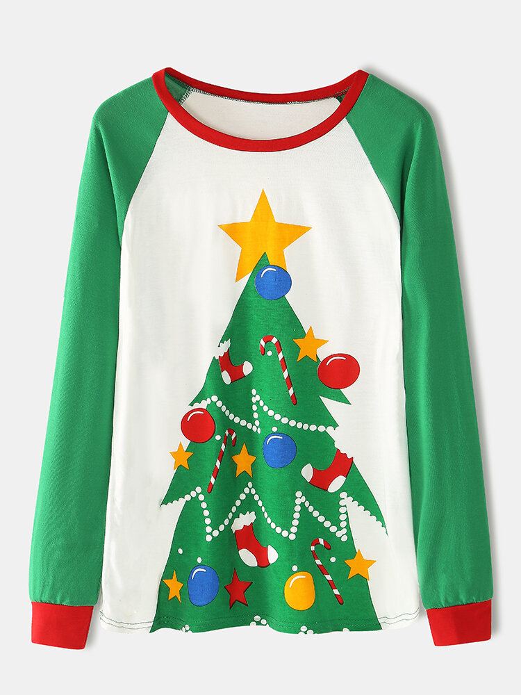 Naiset Sarjakuva Joulukuusiprintti Raglan Sleeves Collegepaidat Joustava Vyötärö Jogger Housut Koti Pyjama Set