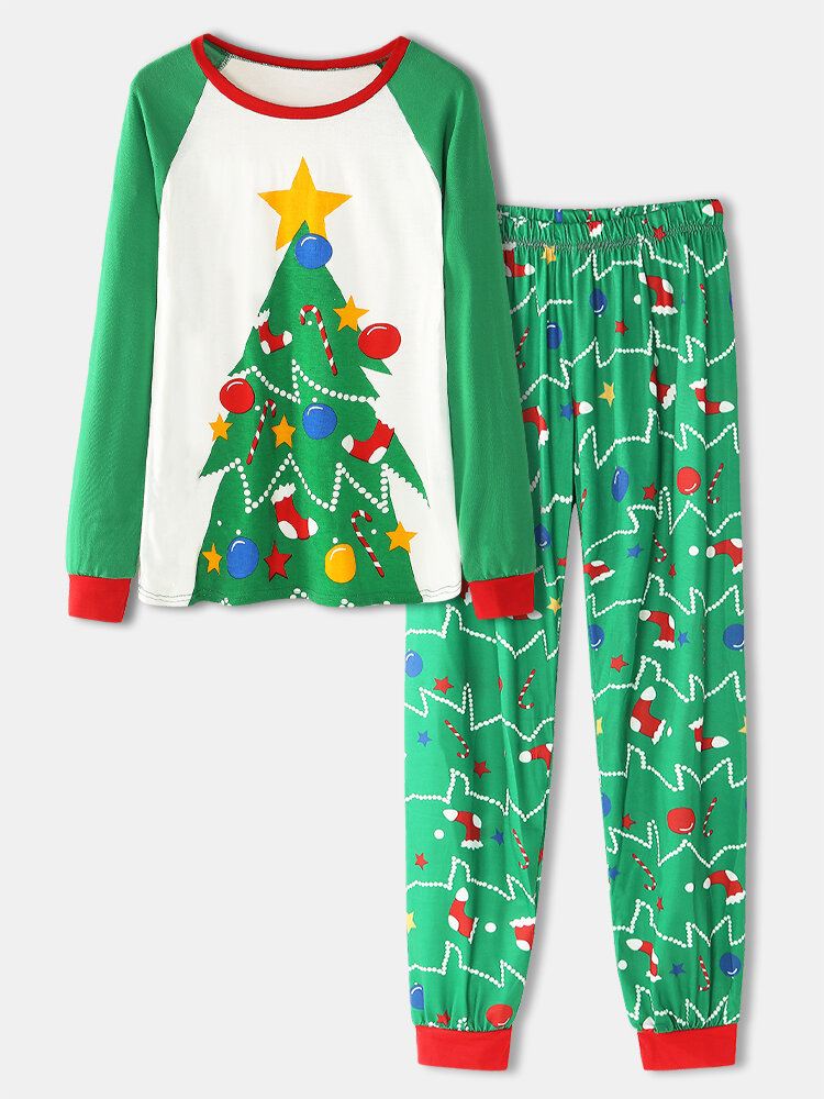 Naiset Sarjakuva Joulukuusiprintti Raglan Sleeves Collegepaidat Joustava Vyötärö Jogger Housut Koti Pyjama Set