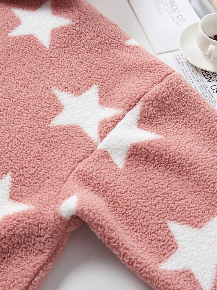 Naisten Allover Stars Paksu Lämmin Fleece Löysä Kotihuppari Kengurutaskulla