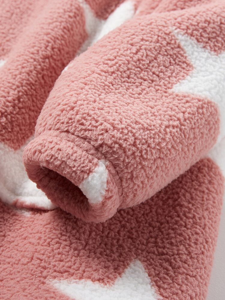 Naisten Allover Stars Paksu Lämmin Fleece Löysä Kotihuppari Kengurutaskulla