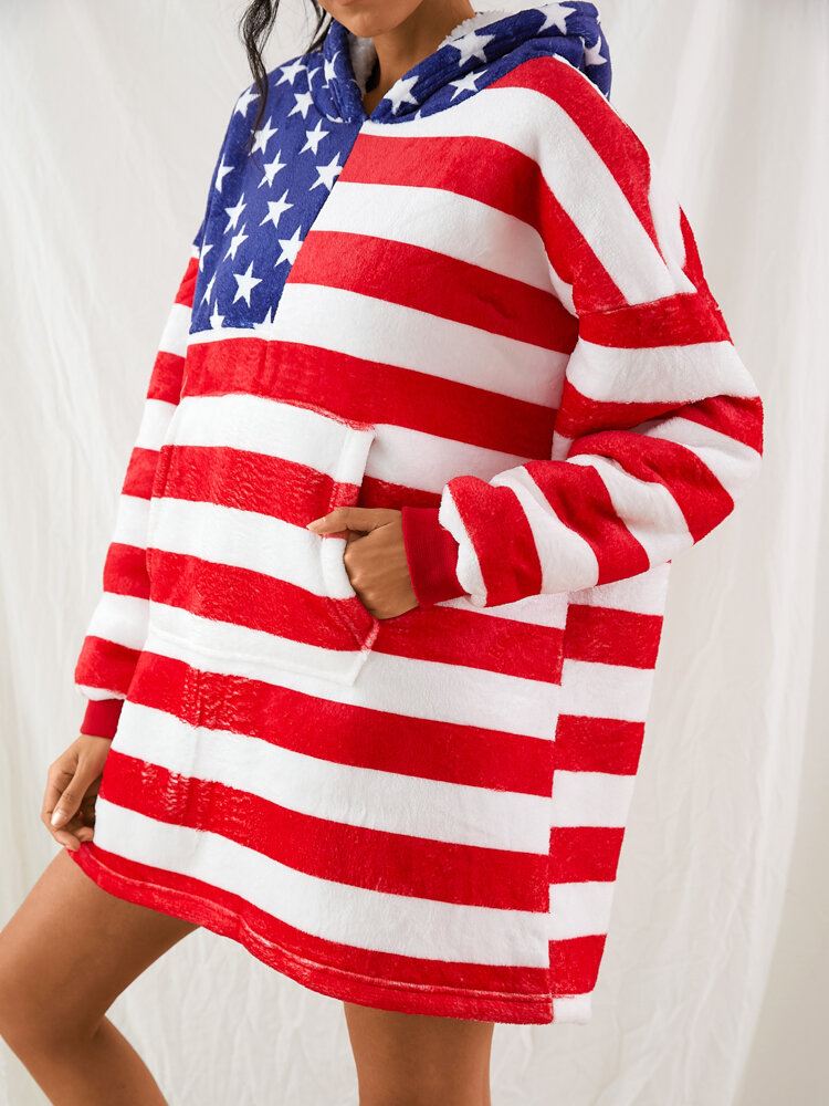 Naisten American Flag Graphics Fleecevuorattu Huopahuppari Kodikas Paksu Lämmin Viitta Taskulla