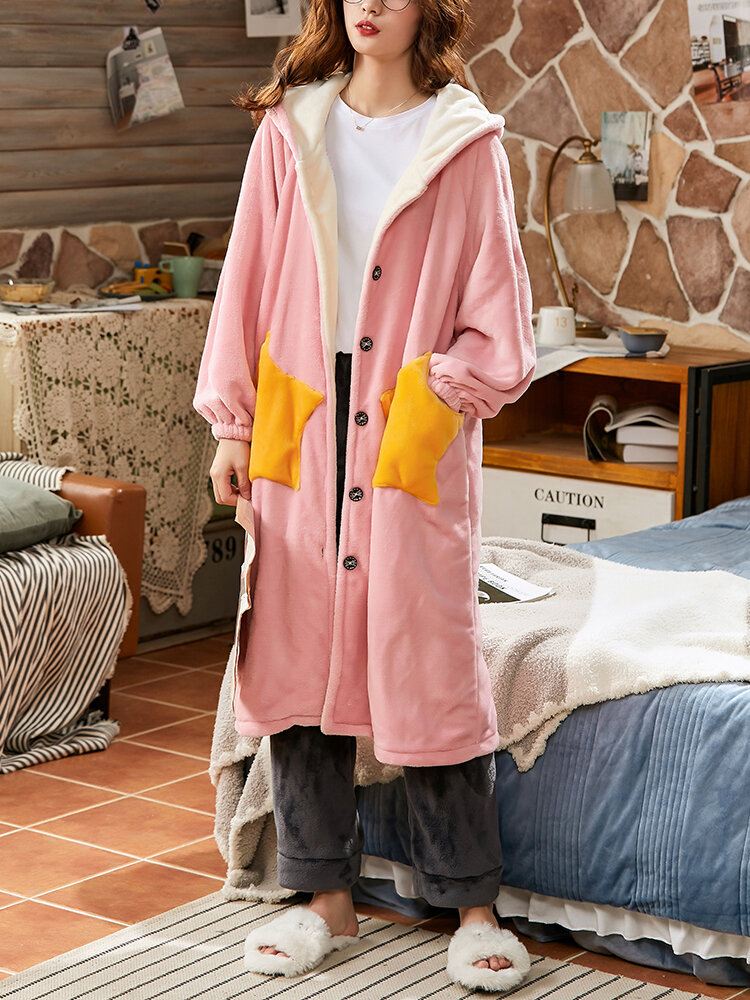 Naisten Coral Fleece Double Star Taskut Paksut Lämpimät Löysät Napit Yöpuvut Hupulliset Kylpytakit
