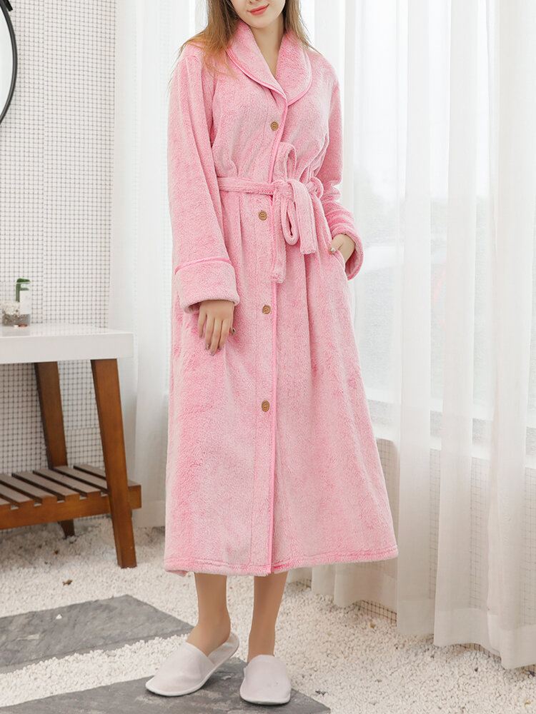 Naisten Flanelli Fleece Yksivärinen Vyöllä Nappi Edessä Käänne Rento Koti Paksut Kylpytakit