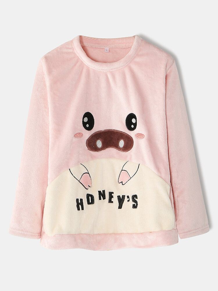 Naisten Flanelli Possu Grafiikka Pitkähihaiset Neulepaidat Joustavat Vyötäröhousut Paksut Koti Pyjama Set