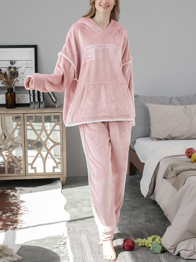 Naisten Flanellikirjonta Paksu Huppari Joustava Vyötärö Löysät Housut Kotiin Pyjama-setti