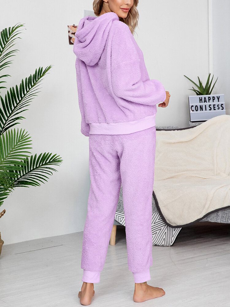 Naisten Fleece Paksu Yksivärinen Villapaita Huppari Jogger-housut Kotiin Rento Pyjamasetti