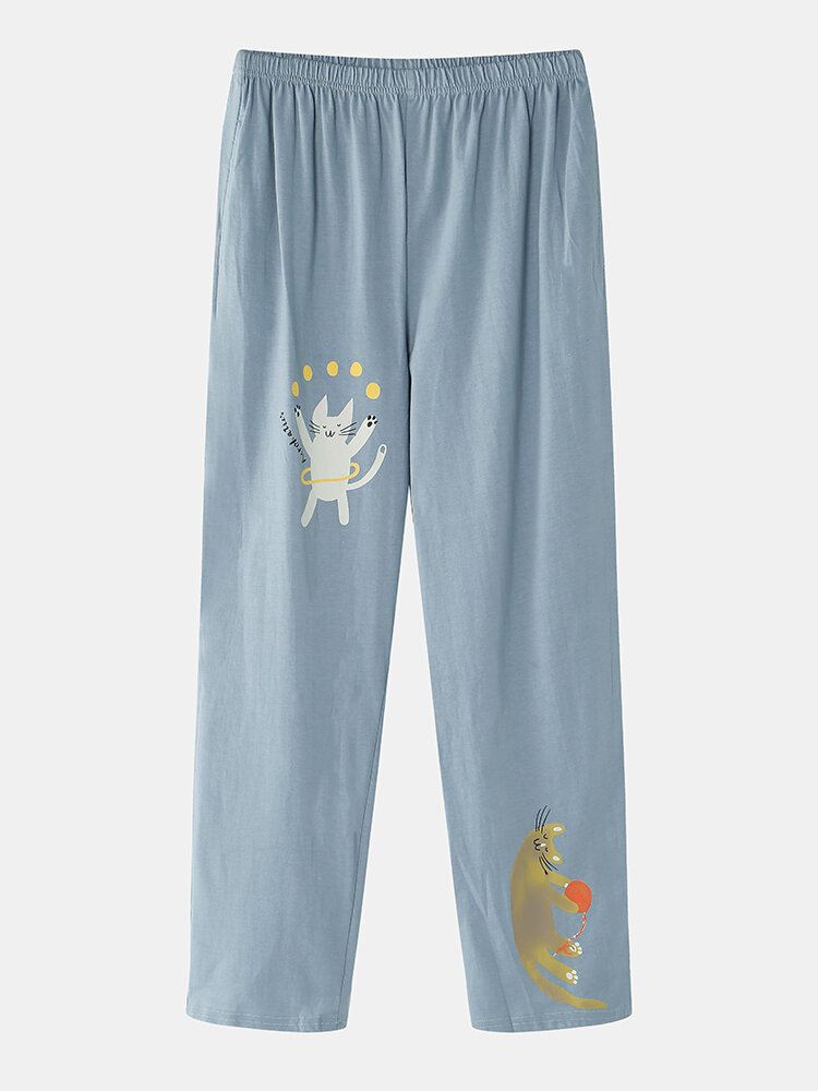 Naisten Hauska Sarjakuva Kissaprintti Pyöreäkaula-neulepusero Joustava Vyötärö Koti Puuvilla Pyjama-setti