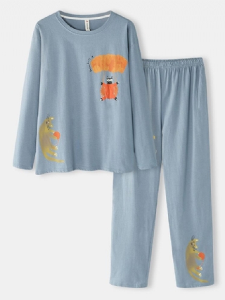 Naisten Hauska Sarjakuva Kissaprintti Pyöreäkaula-neulepusero Joustava Vyötärö Koti Puuvilla Pyjama-setti