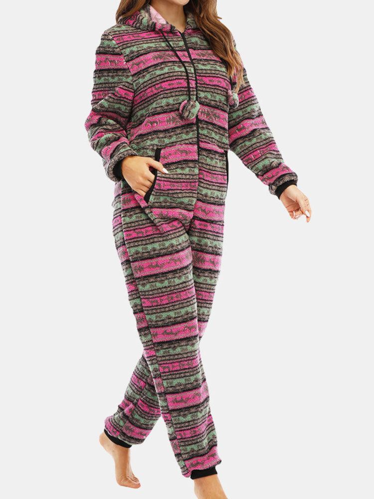 Naisten Jouluinen Fleece-raidallinen Kiristysnyöri Pitkähihainen Yksisarja Hupullinen Pyjamat