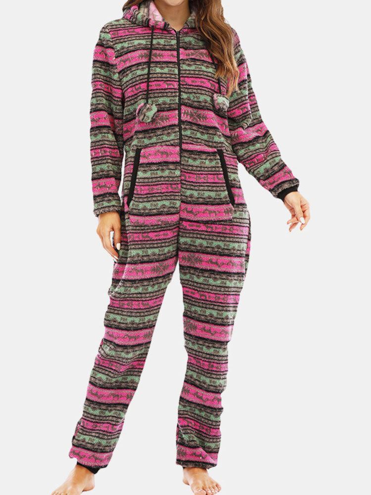 Naisten Jouluinen Fleece-raidallinen Kiristysnyöri Pitkähihainen Yksisarja Hupullinen Pyjamat