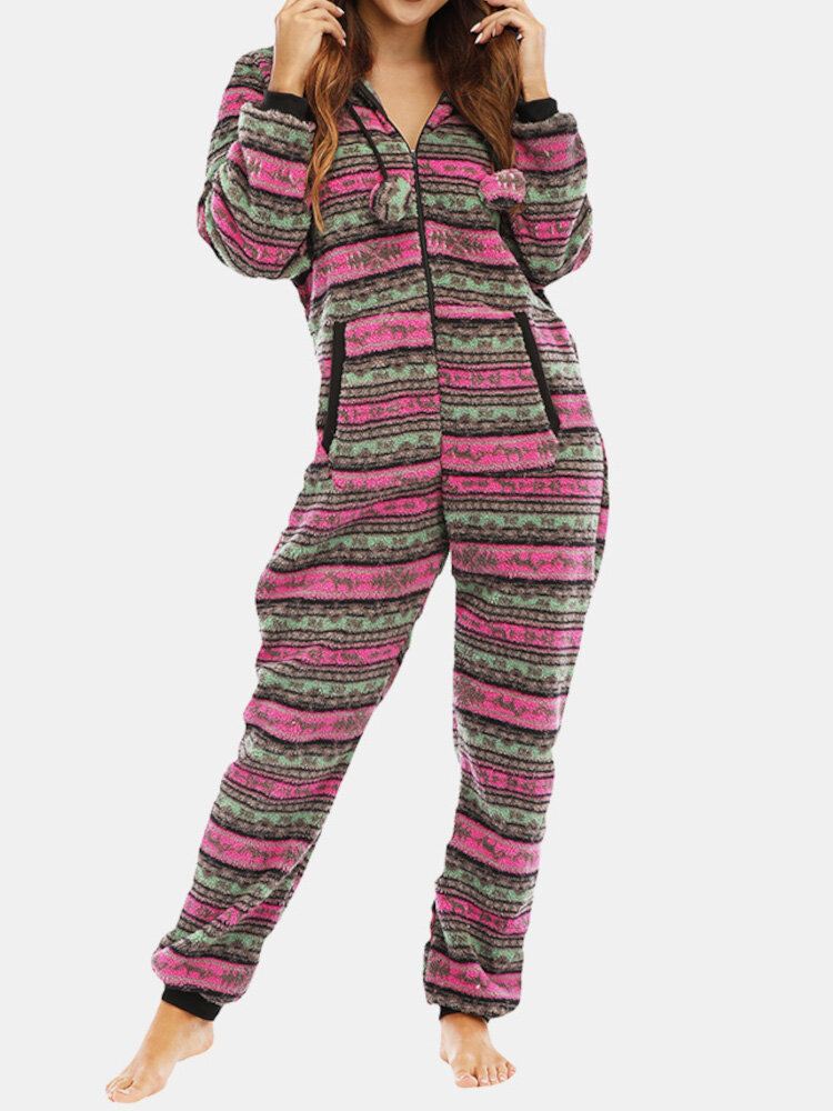 Naisten Jouluinen Fleece-raidallinen Kiristysnyöri Pitkähihainen Yksisarja Hupullinen Pyjamat