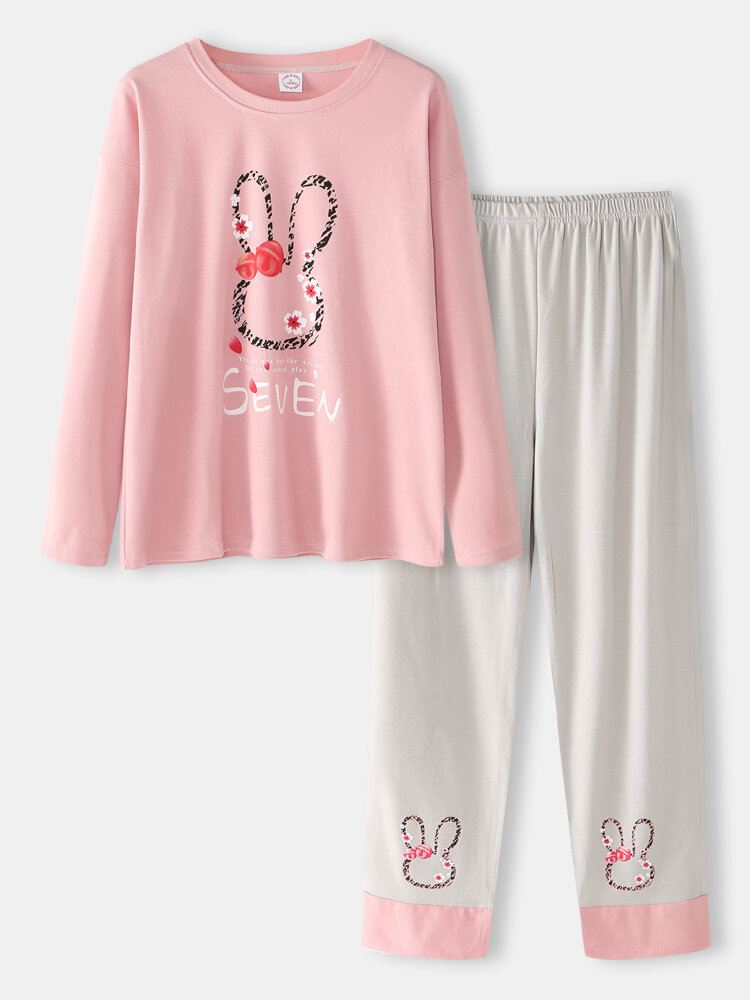 Naisten Kirjekuvio Sarjakuva Kani-kuvioinen Villapaita Tasku Gery Pants Koti Söpö Pyjama-setti