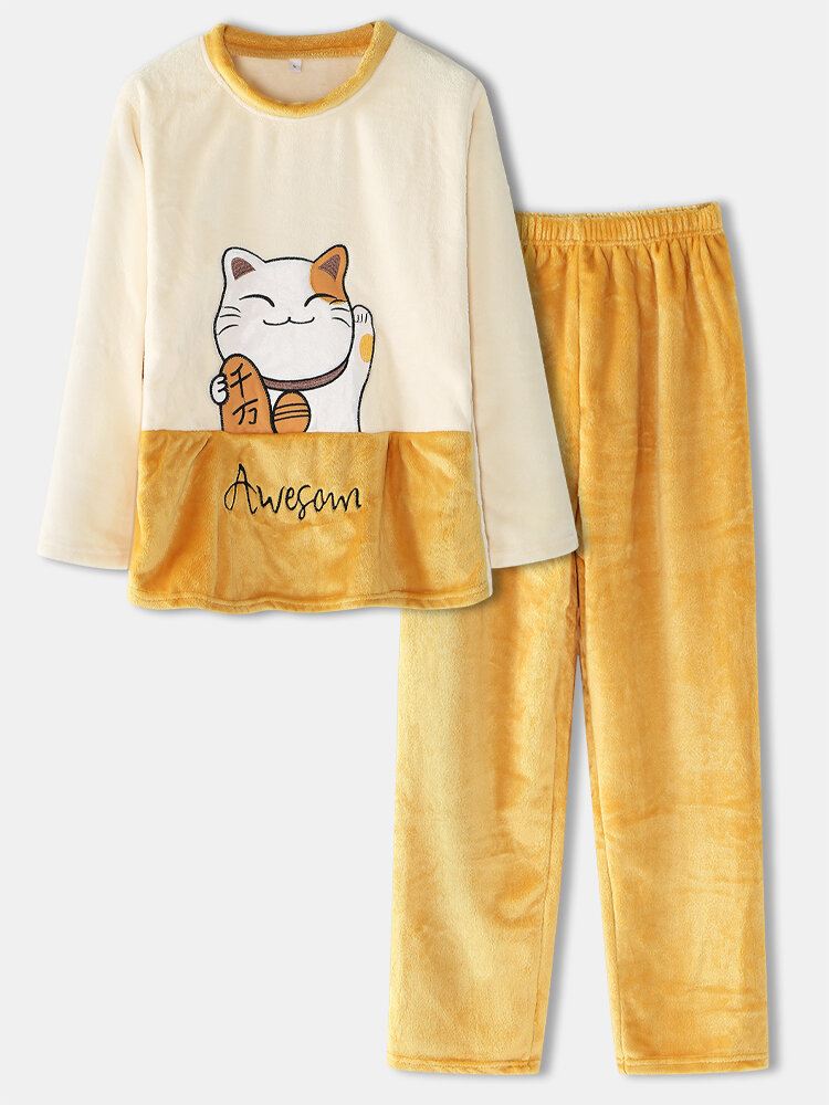 Naisten Paksu Lucky Cat Kirjonta Flanelli Kodikas Joustava Vyötärö Koti Pyjamasetti