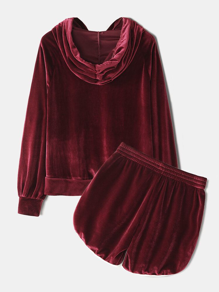 Naisten Plus Size Solid Velvet Kangaroo Taskuhuppari Löysät Shortsit Kotiin Rento Pyjamasetti