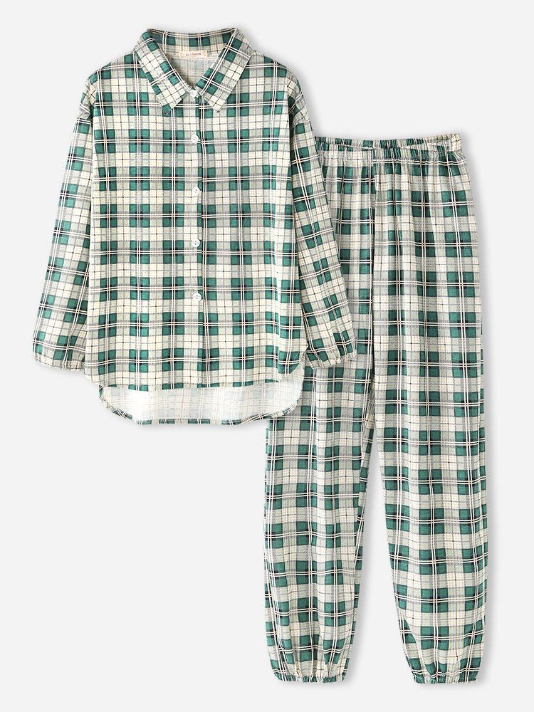 Naisten Ruudullinen Print Käänne Korkea-matala Helma Paita Joustava Vyötärö Housut Koti Pyjama-setti